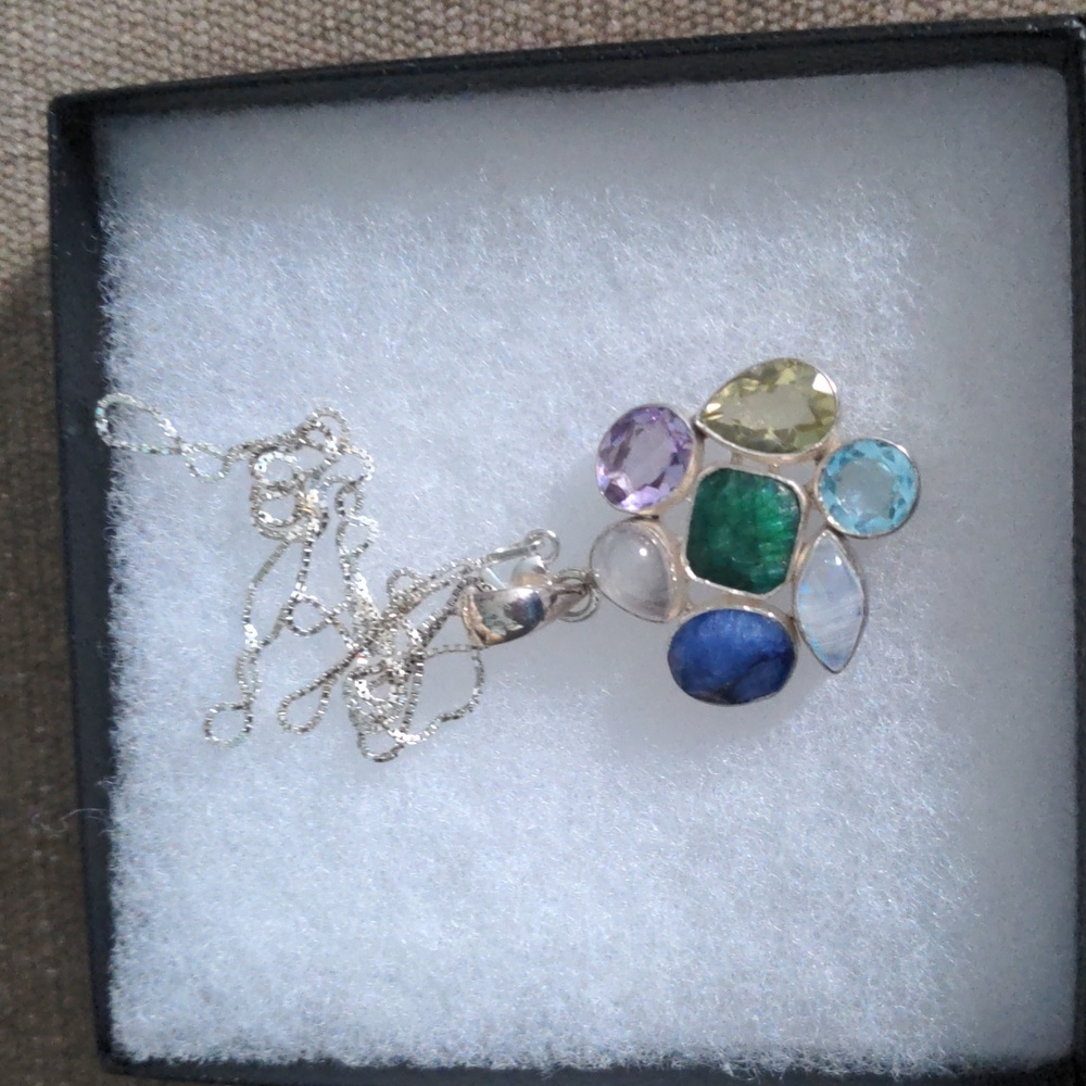 Multi-Stone Sterling Silver Pendant Necklace, Amethyst, Topaz, Citrine, New, Box